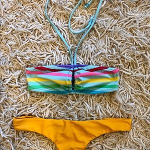 Playful bando bikini top. Beaded detail on straps. Middle gap. S/XS